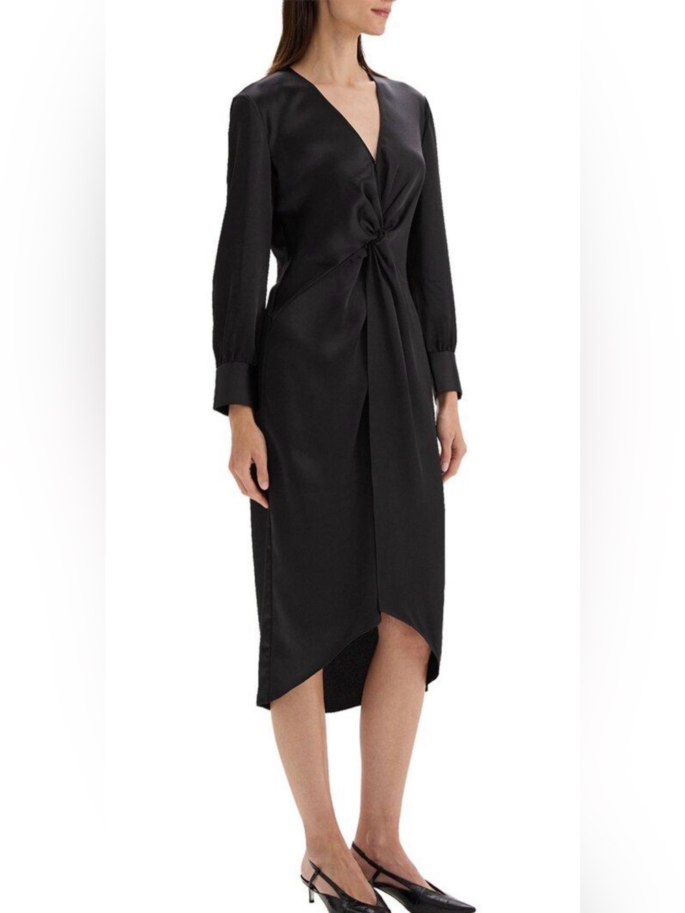 Theory Black Twist-Front V-Neck Midi Dress